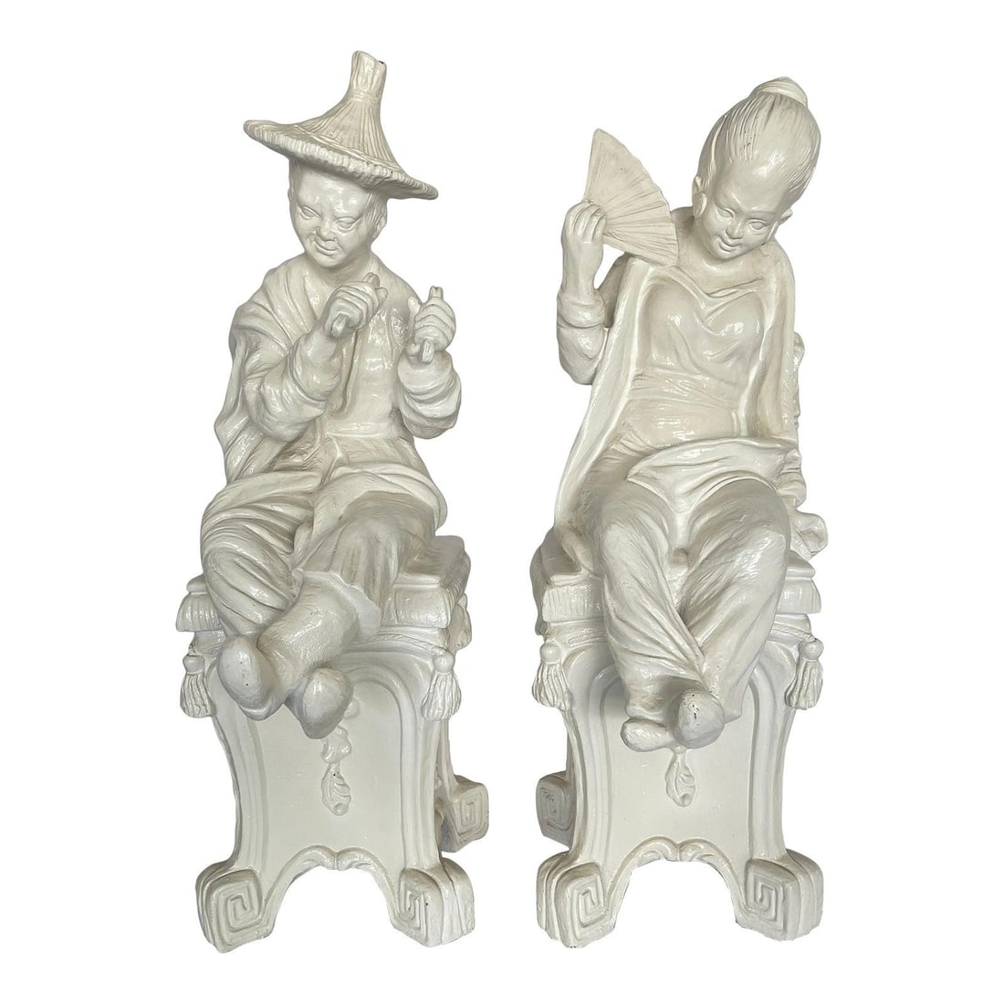 Pair of 1960s Italian Plaster Chinoiserie Seated Figures on Ornate Pedestals (1 of 10)