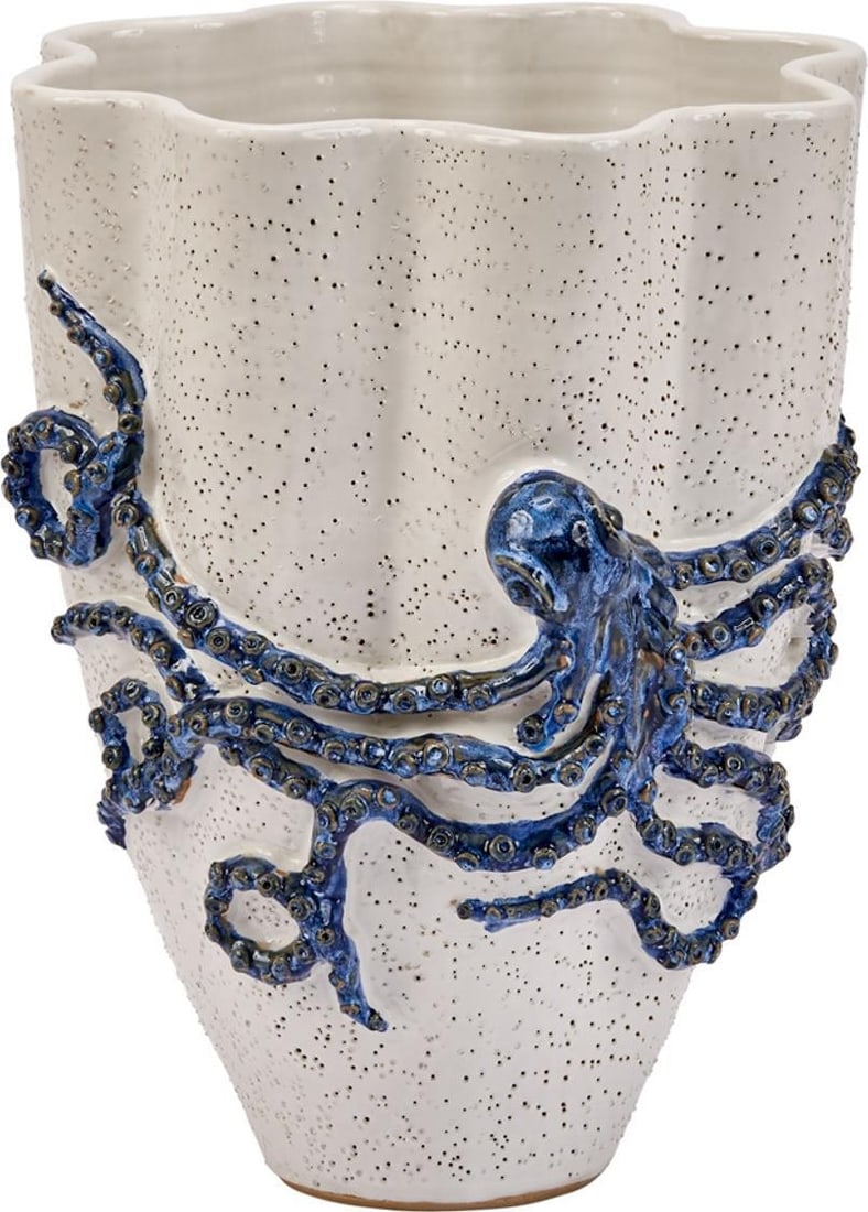 Handmade Ocean-Inspired Ceramic Vase with Octopus Design 18.5H: Handmade Ocean-Inspired Ceramic Vase with Octopus Design 18.5H This stunning ocean-inspired vase is a handcrafted ceramic piece that captures the beauty of marine life. Featuring an intricate octopus 