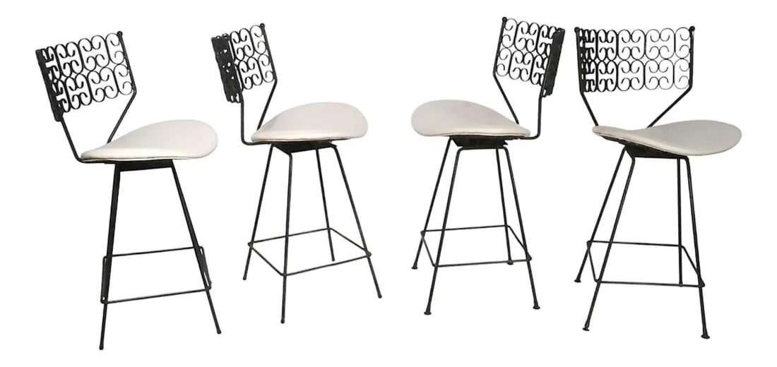 Set of 4 Umanoff Mid Century Swivel Stools for Shaver Howard Black Wrought Iron: Set of 4 Umanoff Mid Century Swivel Stools for Shaver Howard Black Wrought Iron This stylish set of four counter height swivel stools, attributed to designer Arthur Umanoff for Shaver Howard, dates ba
