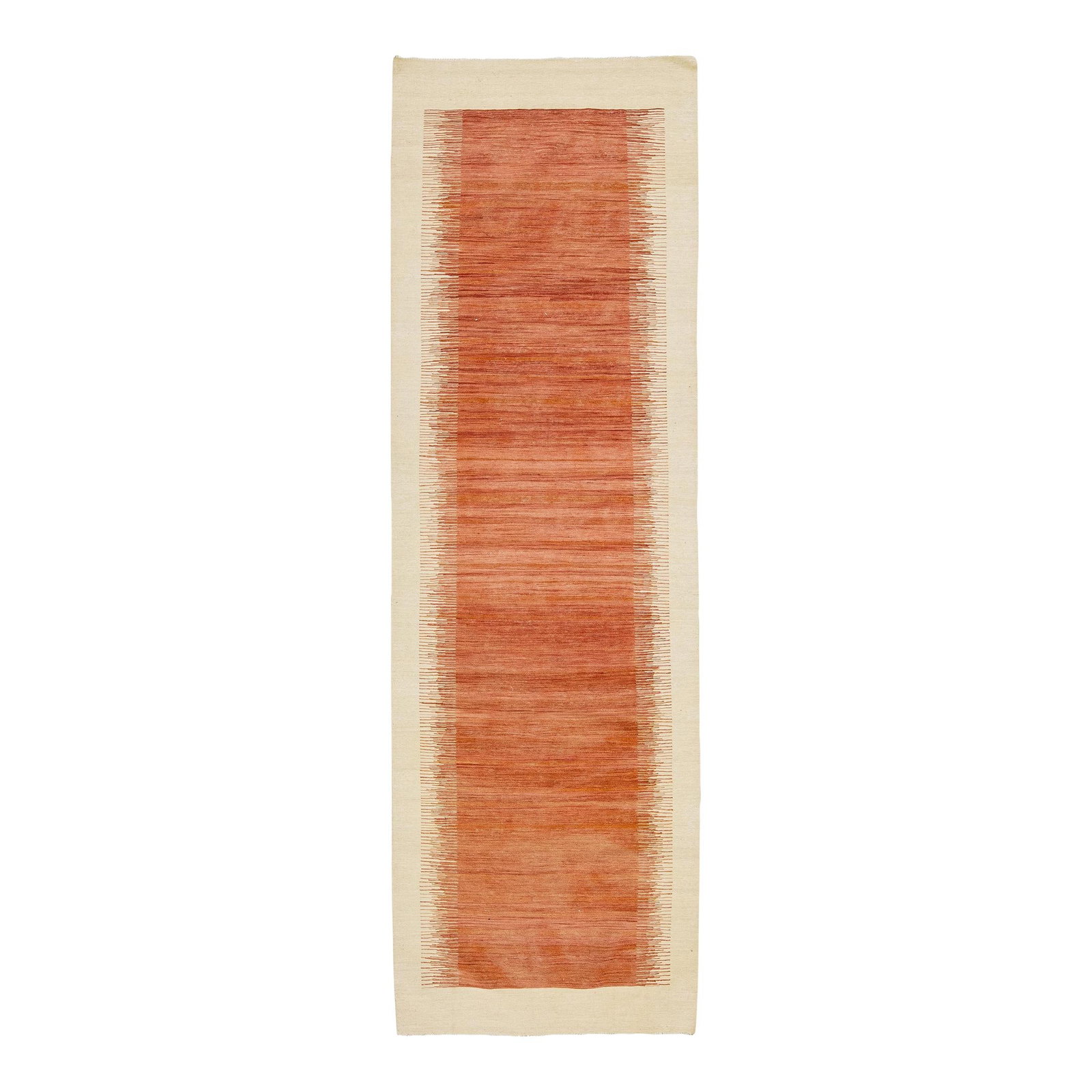Vintage Kilim Handmade Red Wool Geometric Runner 3'1" x 9'10": Vintage Kilim Handmade Red Wool Geometric Runner 3'1" x 9'10" This stunning vintage Kilim runner from the 1960s features a vibrant red color field adorned with beige accents in a captivating all-over 