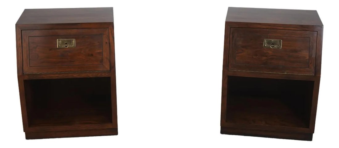 Henredon Oak Drop Front Nightstand Pair Campaign Style (1 of 10)