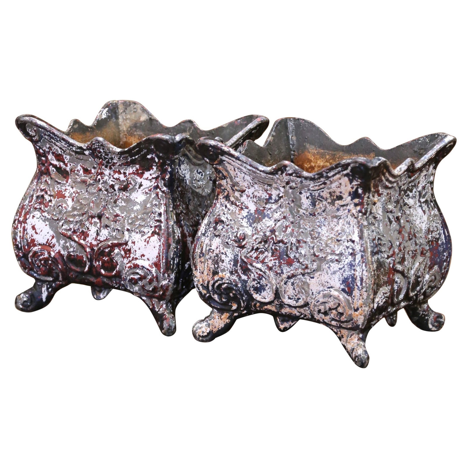 Set of 2 19th C. French Louis XV Cast Iron Planters with Polychrome Finish: Set of 2 19th C. French Louis XV Cast Iron Planters with Polychrome Finish This exquisite set of two 19th-century French Louis XV cast iron planters showcases the elegance and craftsmanship of the era