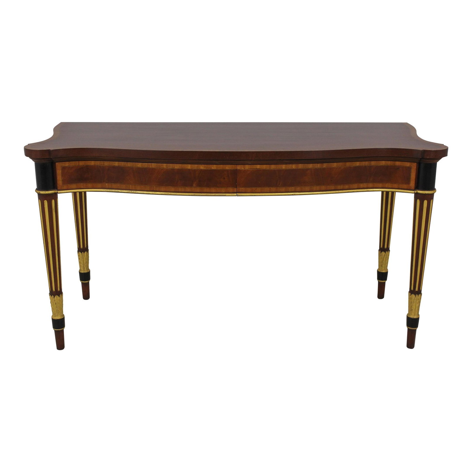 Arthur Brett Mahogany Console Table with Gold Gilding Made in England: Arthur Brett Mahogany Console Table with Gold Gilding Made in England This exquisite console table, crafted from high-quality mahogany, showcases the timeless elegance of 18th-century design. With han