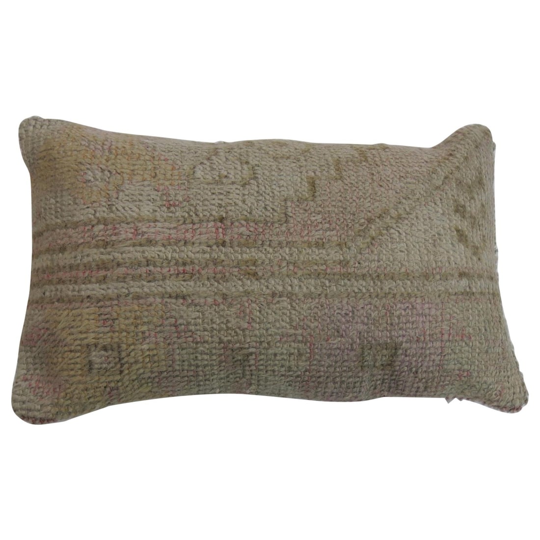 Vintage Turkish Oushak Rug Pillow Cotton Linen Wool 12 x 19: Vintage Turkish Oushak Rug Pillow Cotton Linen Wool 12 x 19 This unique pillow is crafted from a vintage Turkish Oushak rug, featuring a soft pink color palette. It has a cotton back and a convenient 