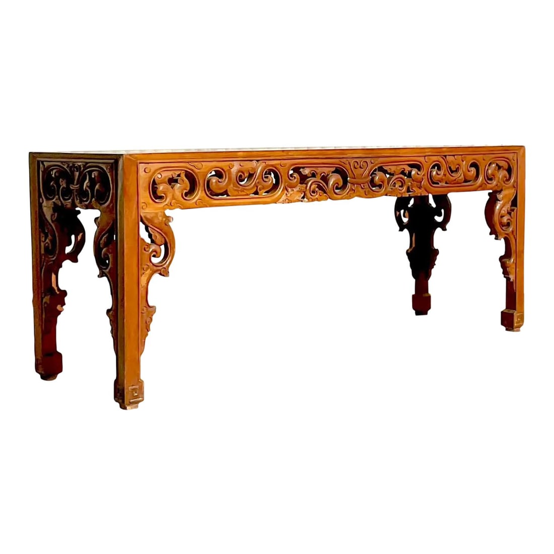 Monumental Vintage Hand Carved Console Table in Chestnut: Monumental Vintage Hand Carved Console Table in Chestnut This exquisite vintage console table showcases remarkable hand-carved details along the apron, emphasizing its monumental size and dramatic pre