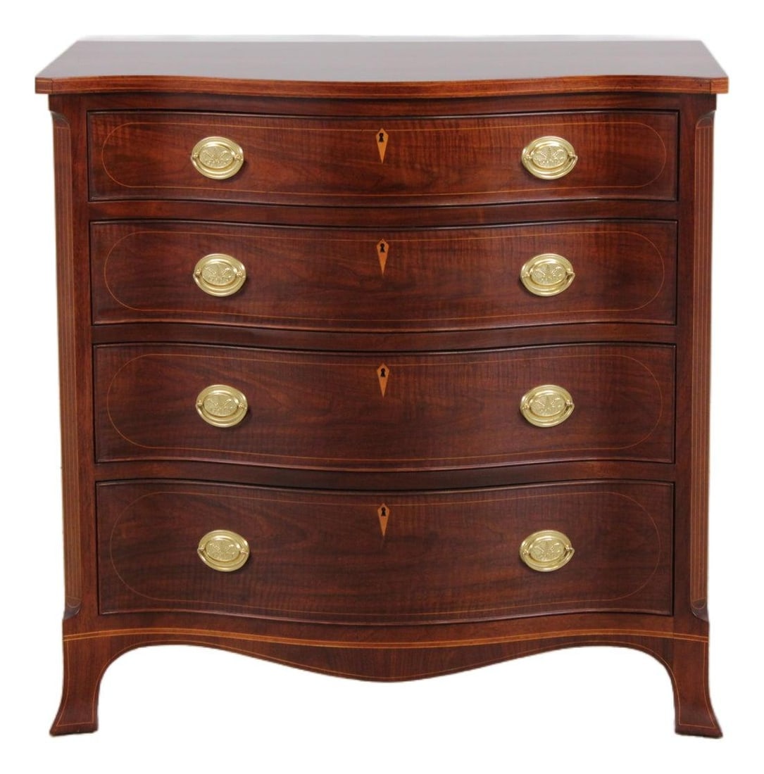 Serpentine Walnut Chest Inspired by Colonial Williamsburg with Inlay Detail: Serpentine Walnut Chest Inspired by Colonial Williamsburg with Inlay Detail This Baker Colonial Williamsburg Virginia chest features a beautifully inlaid walnut construction with a serpentine curved f