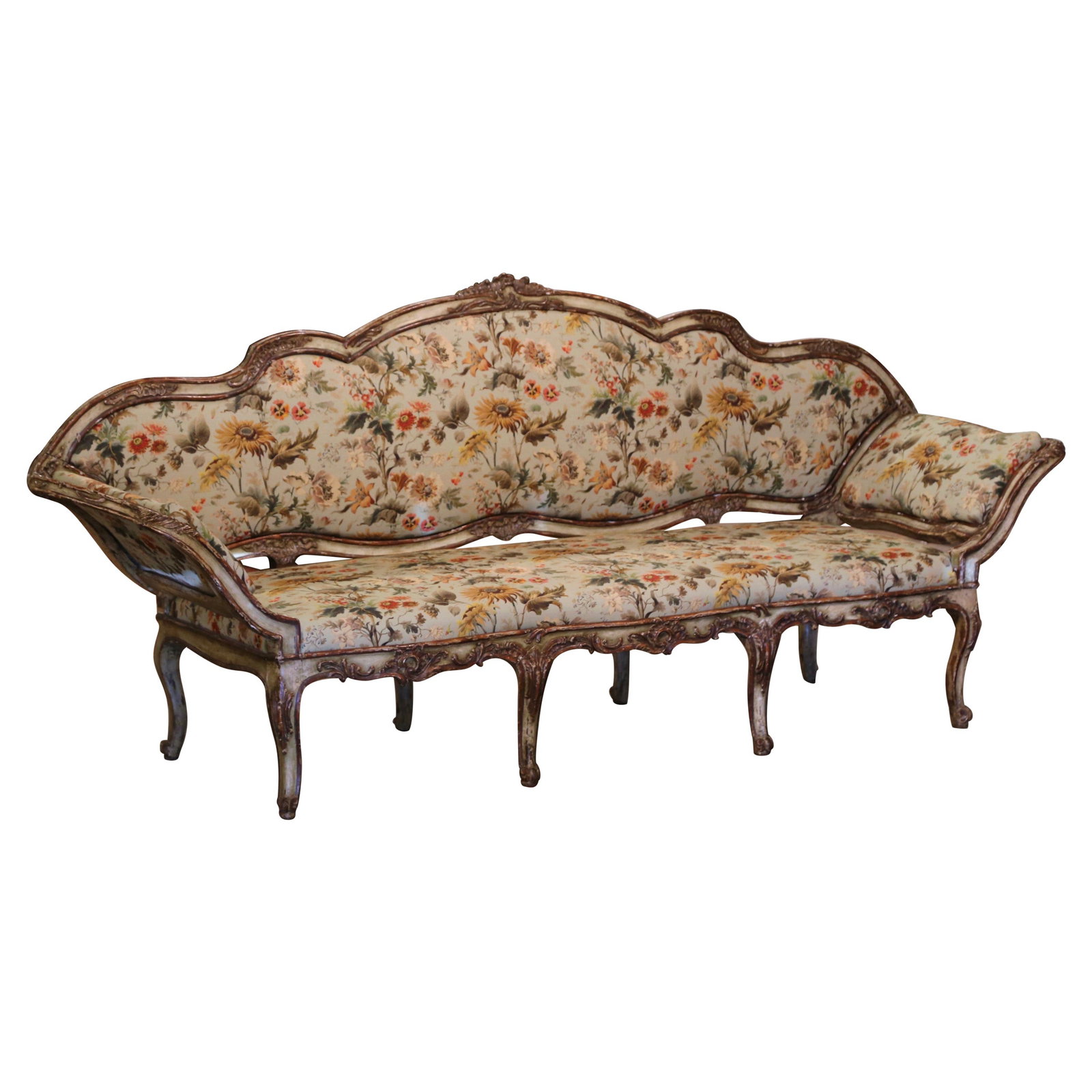Antique 18th Century Italian Louis XV Painted Canape Settee: Antique 18th Century Italian Louis XV Painted Canape Settee This exquisite 18th Century Italian Louis XV carved and painted canape is a stunning example of craftsmanship from circa 1780. Measuring 101