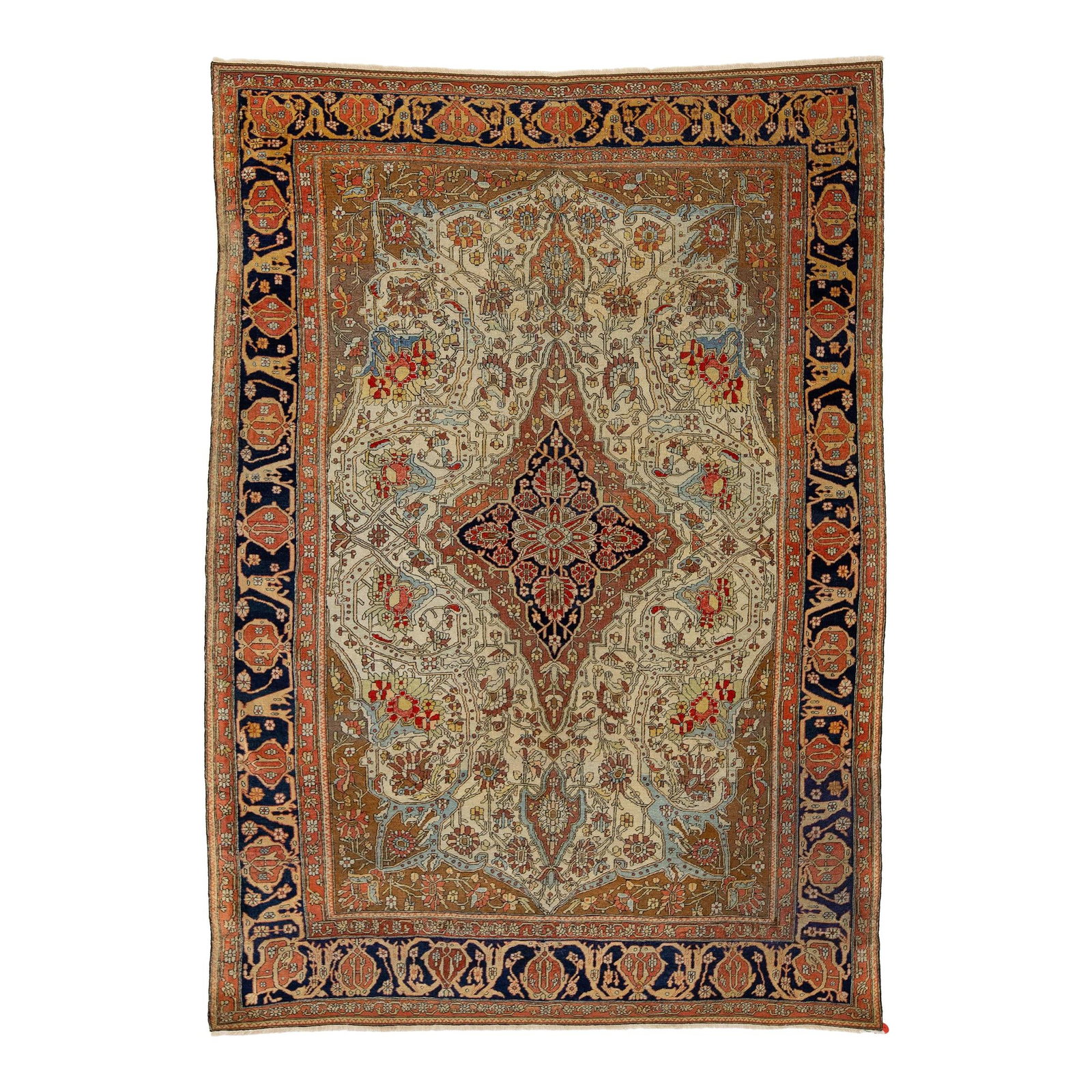 Antique Persian Kashan Wool Rug Handmade Beige Floral Design 4'8 x 6'7: Antique Persian Kashan Wool Rug Handmade Beige Floral Design 4'8 x 6'7 This exquisite antique Persian Mohtasham Kashan rug is meticulously hand-knotted from high-quality wool, showcasing a beautiful b