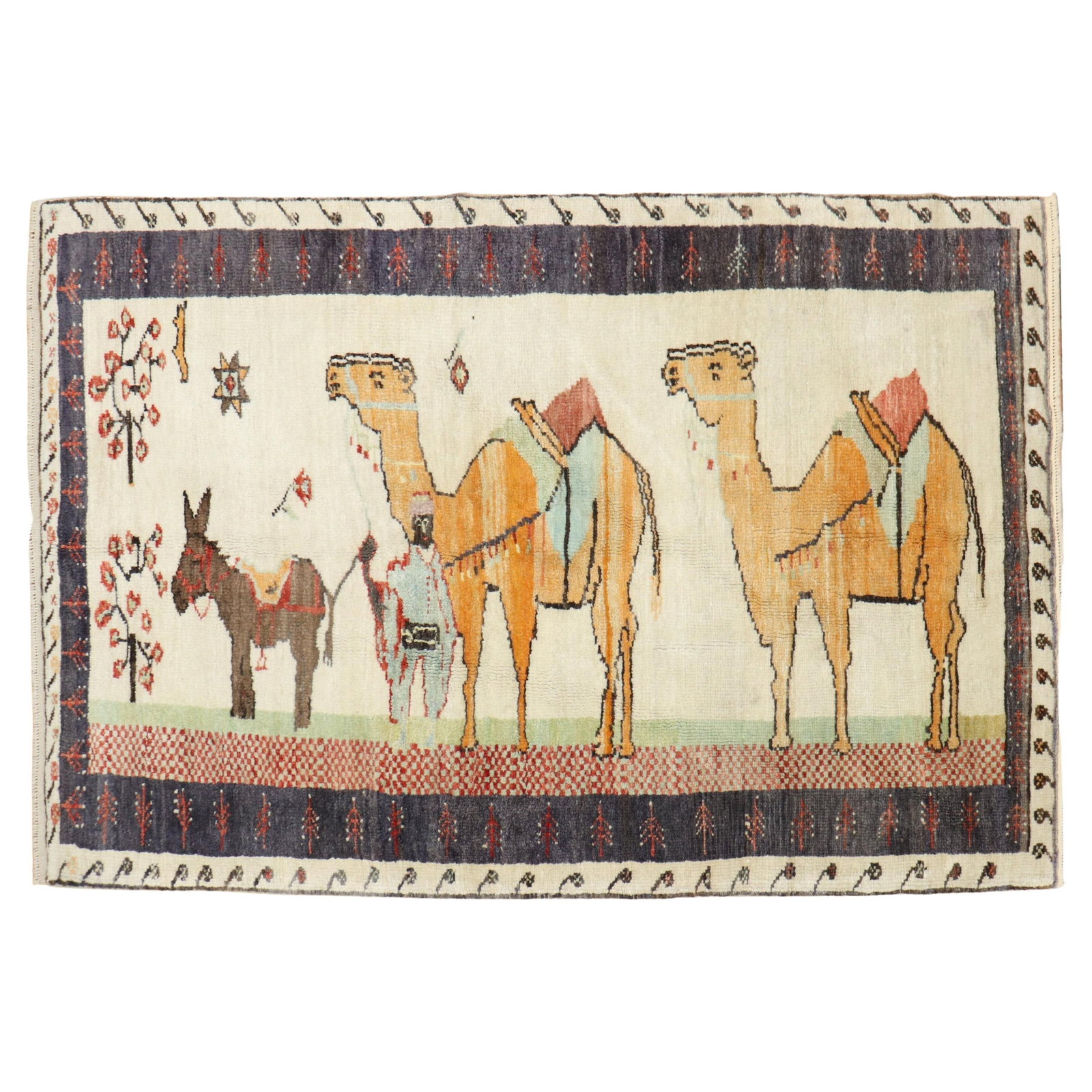 Vintage Turkish Hand-Woven Folk Art Rug with Camels and Donkeys: Vintage Turkish Hand-Woven Folk Art Rug with Camels and Donkeys This vibrant vintage Turkish rug features a captivating folk art design showcasing camels and donkeys against an ivory background. Hand-
