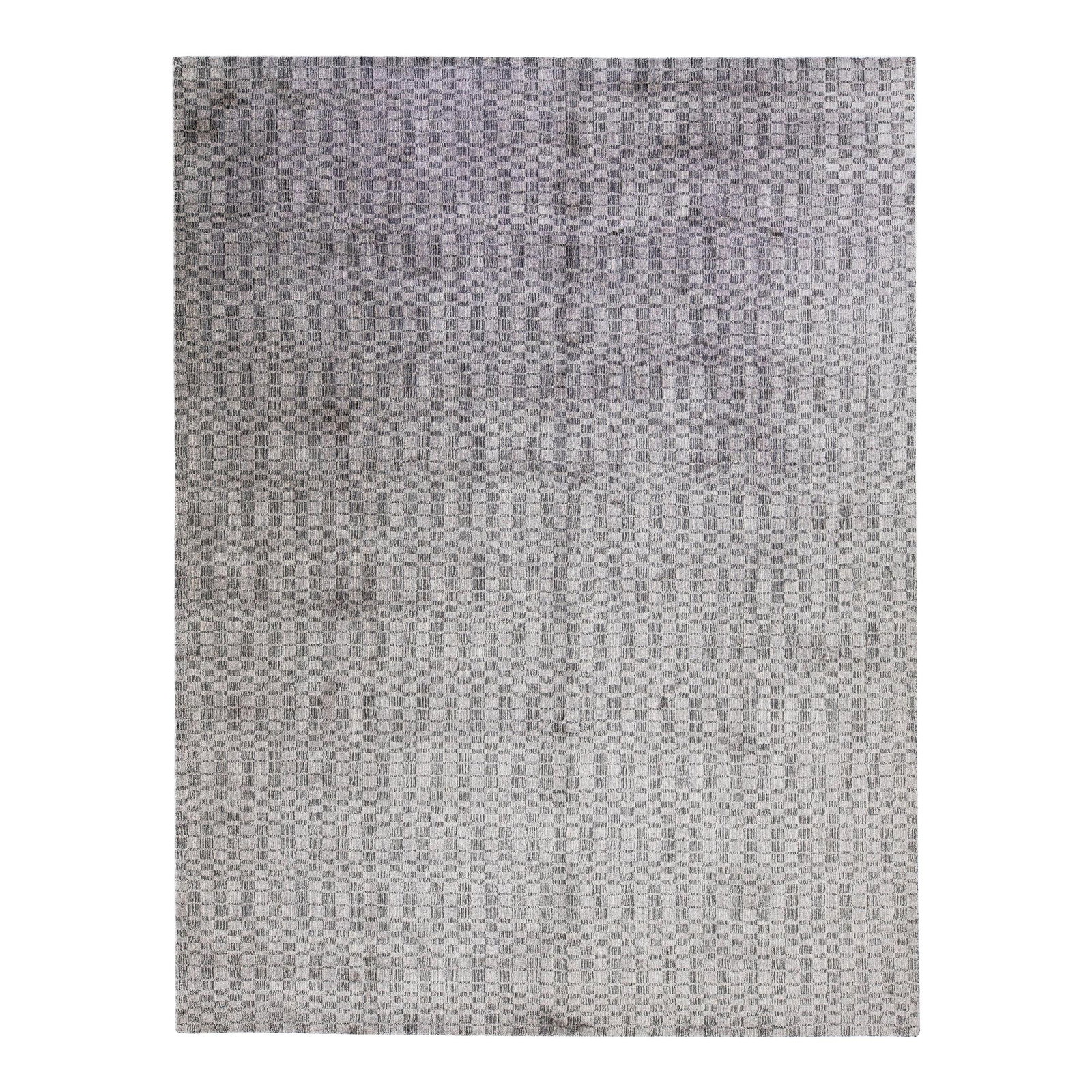 Handmade Gray Wool Silk Rug with Geometric Design 8'11 x 11'9: Handmade Gray Wool Silk Rug with Geometric Design 8'11 x 11'9 This exquisite contemporary rug is meticulously handmade from a luxurious blend of gray wool and silk. Its stunning gray foundation is bea