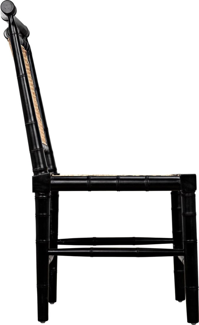 Noir Colonial Bamboo Side Chair Mahogany Hand-Rubbed Black Finish: Noir Colonial Bamboo Side Chair Mahogany Hand-Rubbed Black Finish Discover the elegance of the Noir Colonial Bamboo Side Chair, expertly crafted from mahogany with a stunning hand-rubbed black finish.