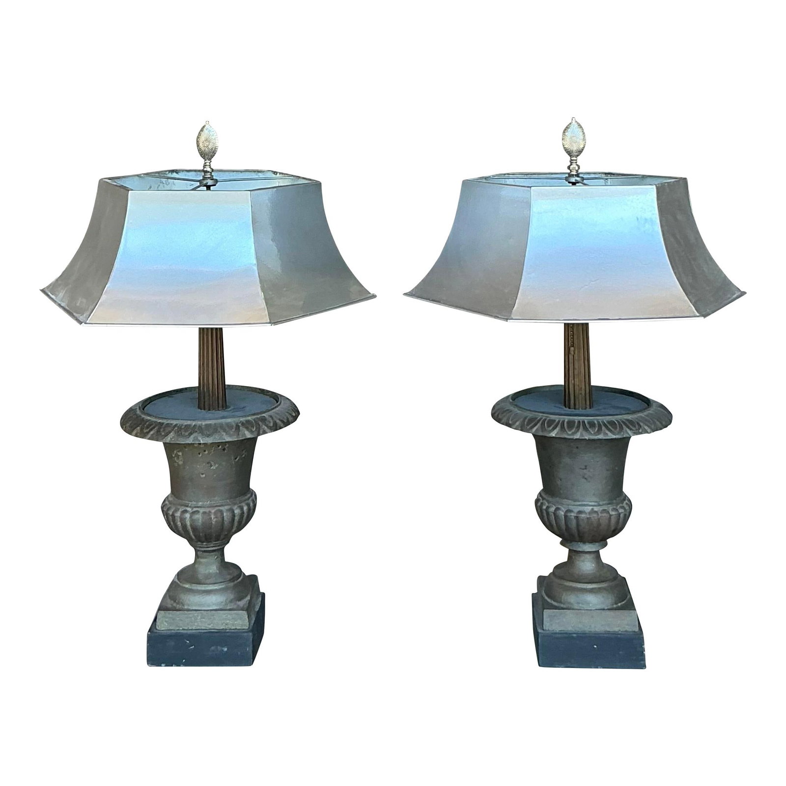 Pair of Vintage Boho Remaudier Urn Lamps with Metal Shades: Pair of Vintage Boho Remaudier Urn Lamps with Metal Shades Enhance your living space with this exquisite pair of Vintage Boho Remaudier Urn Lamps with Metal Shades. These stunning lamps showcase a per