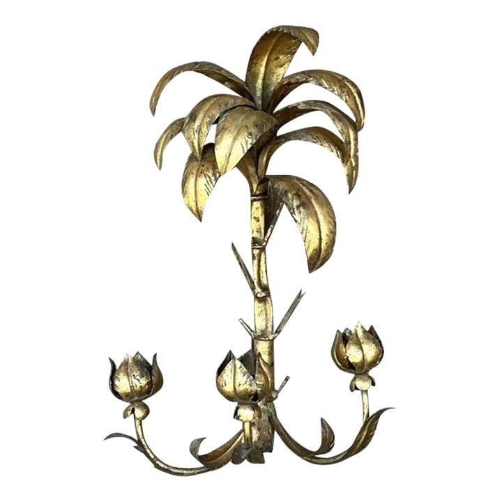Vintage Regency Gilt Palm Candle Sconce Tropical Elegance Metal 23.75": Vintage Regency Gilt Palm Candle Sconce Tropical Elegance Metal 23.75" Enhance your living space with the exotic elegance of this Vintage Regency Gilt Palm Wall Candle Sconce. This exquisite piece sho