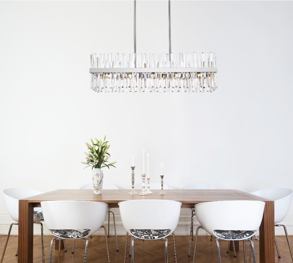 Serephina 24-Light Chrome Crystal Chandelier 42 Inch: Serephina 24-Light Chrome Crystal Chandelier 42 Inch This modern 24-light chandelier features a high-quality chrome-plated finish and is designed with clear royal cut crystals for an elegant touch. Su