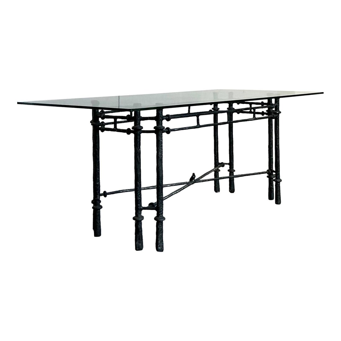 Giacometti-Inspired Vintage Hammered Iron Dining Table with Glass Top: Giacometti-Inspired Vintage Hammered Iron Dining Table with Glass Top Embrace the artistic allure of this Vintage Boho Hammered Iron Dining Table, inspired by the works of Giacometti. This exceptional