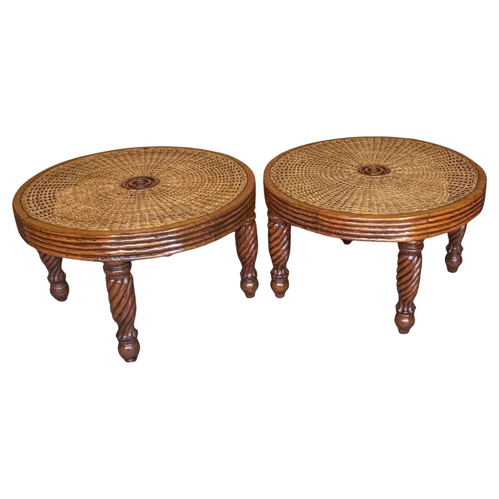 Set of 2 Anglo-Indian Hardwood Cane Low Tables 20th Century: Set of 2 Anglo-Indian Hardwood Cane Low Tables 20th Century This set of two Anglo-Indian or Tradewinds-style low tables or benches showcases exquisite craftsmanship, constructed from durable hardwood 