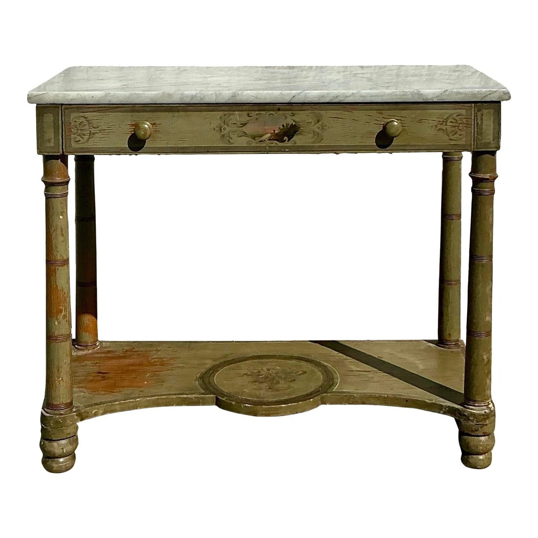 Vintage Regency Hand-Painted Stone Top Table with Ornate Base: Vintage Regency Hand-Painted Stone Top Table with Ornate Base Elevate your interior decor with this Vintage Regency Hand-Painted Stone Top Table, a true embodiment of timeless elegance. The table feat