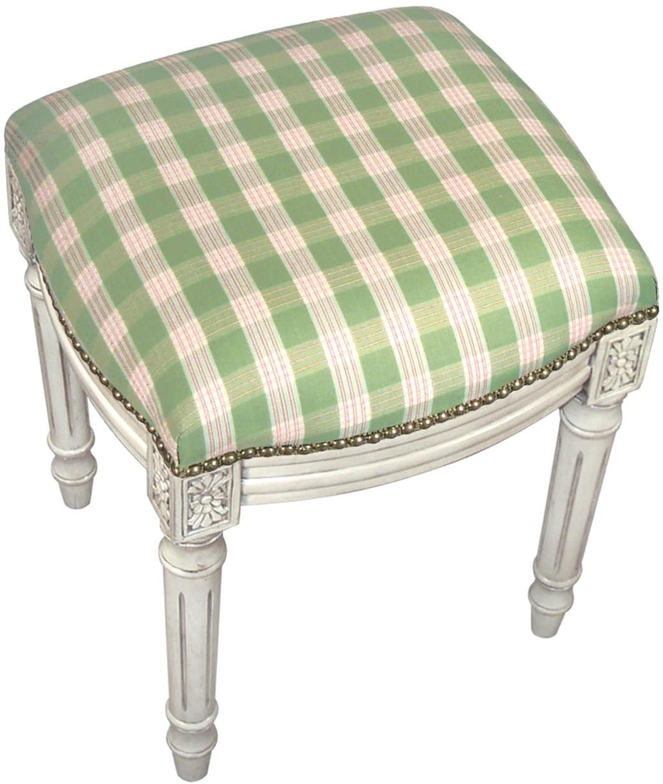 Elegant Green Plaid Vanity Stool Antique Style Finish: Elegant Green Plaid Vanity Stool Antique Style Finish Enhance your space with this classy green plaid vanity stool, designed in an elegant antique style. This backless stool features a charming Englis