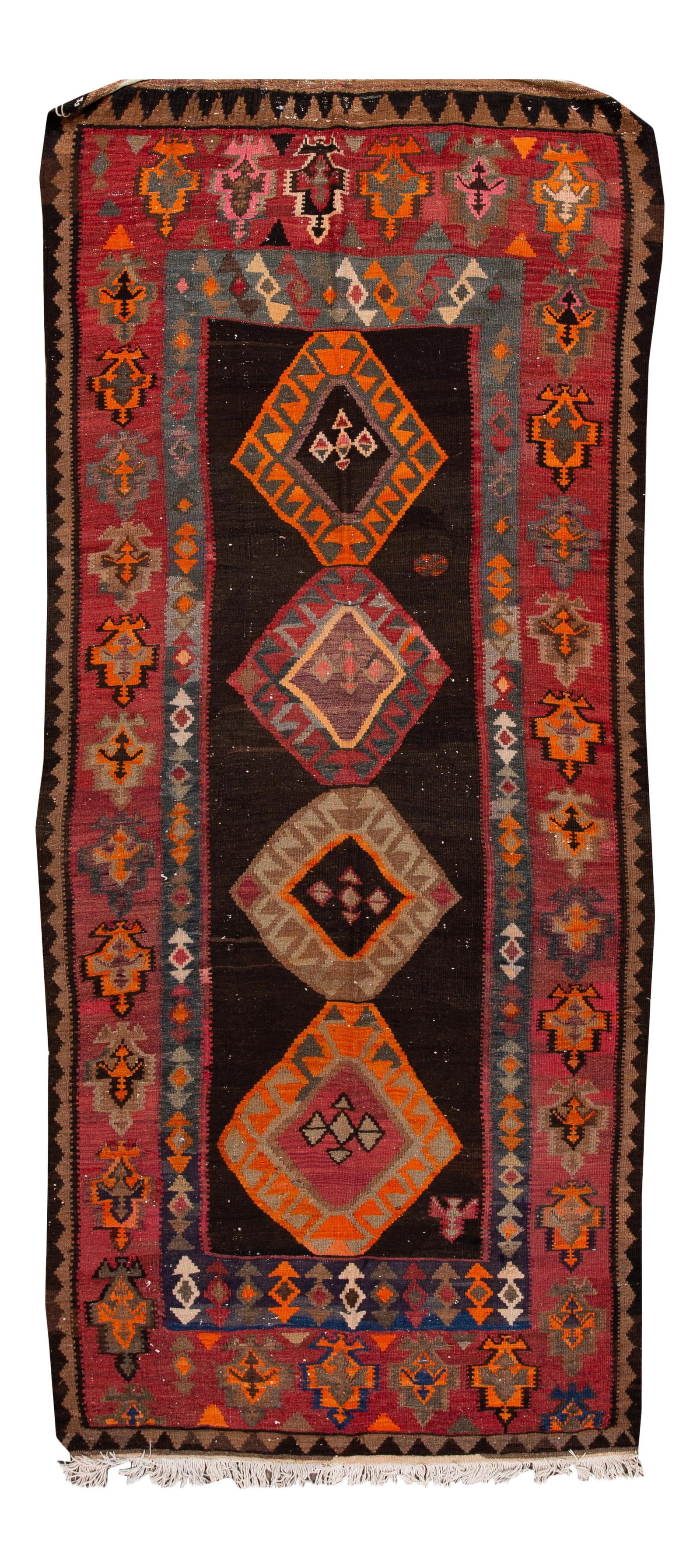 Hand-Woven Vintage Kilim Rug 4'10 X 11'4 Wool Geometric Design: Hand-Woven Vintage Kilim Rug 4'10 X 11'4 Wool Geometric Design Transform your space with this stunning mid-20th century vintage kilim rug, meticulously hand-woven to showcase its exquisite craftsmansh