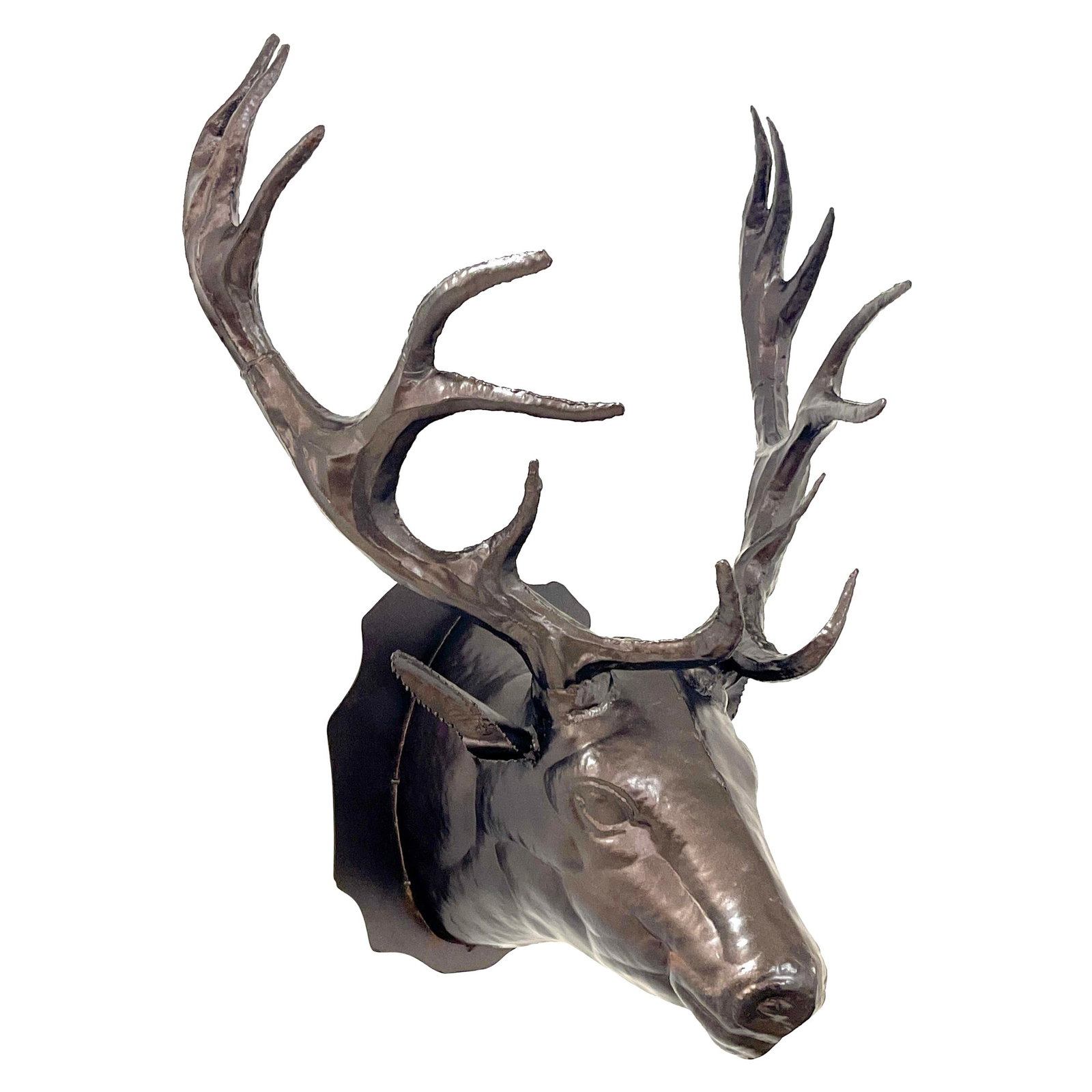 Vintage Bronzed Tole 14-point Buck Trophy Wall Mount Sculpture: Vintage Bronzed Tole 14-point Buck Trophy Wall Mount Sculpture This impressive Bronzed Tole 14-point Buck Trophy Head Wall Mount is a remarkable vintage sporting art sculpture. Crafted from metal with