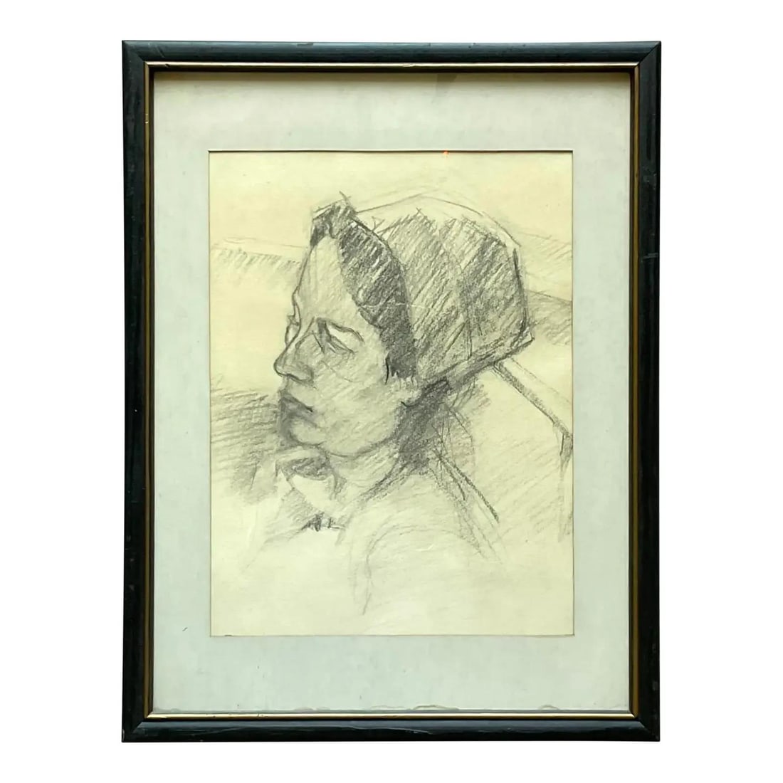 Vintage Pencil Portrait Drawing of Woman Wearing Hat Mid 20th Century: Vintage Pencil Portrait Drawing of Woman Wearing Hat Mid 20th Century This mid-20th-century pencil sketch features a woman wearing a hat, rendered with delicate lines and subtle shading. The vintage d