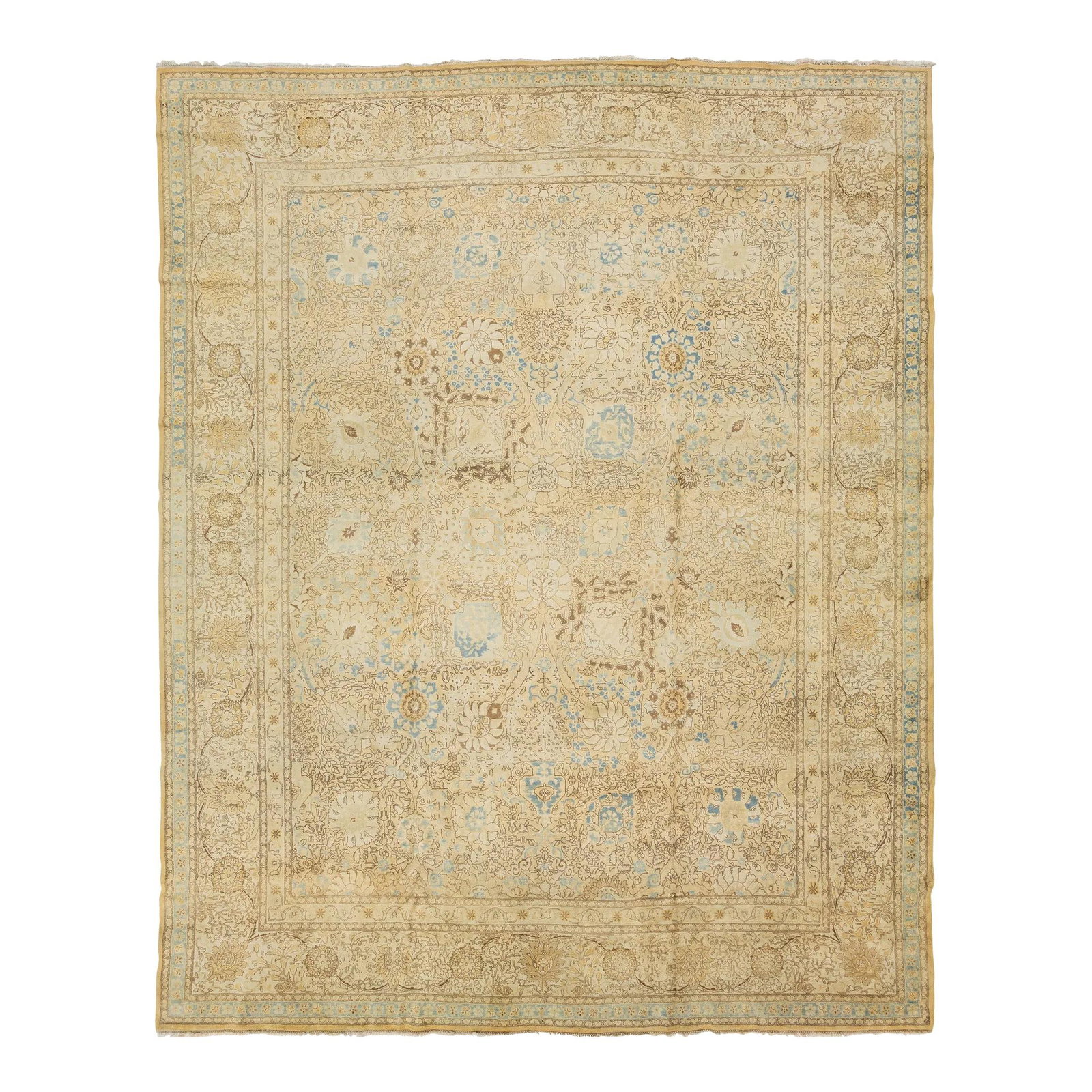 1920s Antique Persian Tabriz Beige Wool Rug 12' x 15'1" Floral Pattern: 1920s Antique Persian Tabriz Beige Wool Rug 12' x 15'1" Floral Pattern This exquisite antique Persian Tabriz rug, crafted in the 1920s, showcases a stunning beige field adorned with an intricate allov