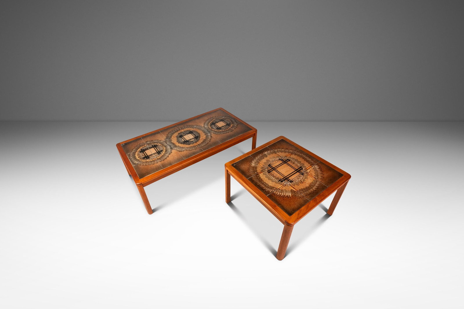 Pair of Teak Tables by Johannes Andersen with Ceramic Tile Tops Danish Modern 1970s: Pair of Teak Tables by Johannes Andersen with Ceramic Tile Tops Danish Modern 1970s This set includes a Danish Modern coffee table and a matching side table, designed by Johannes Andersen in Denmark c