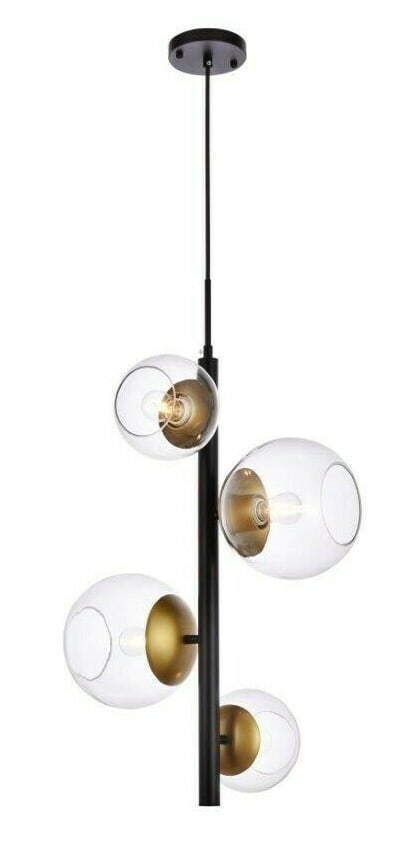 Living District Wells 4-Light Brass Black Pendant Chandelier: Living District Wells 4-Light Brass Black Pendant Chandelier This mid-century modern chandelier features a striking black and brass finish with four clear glass globe shades, making it an ideal lighti