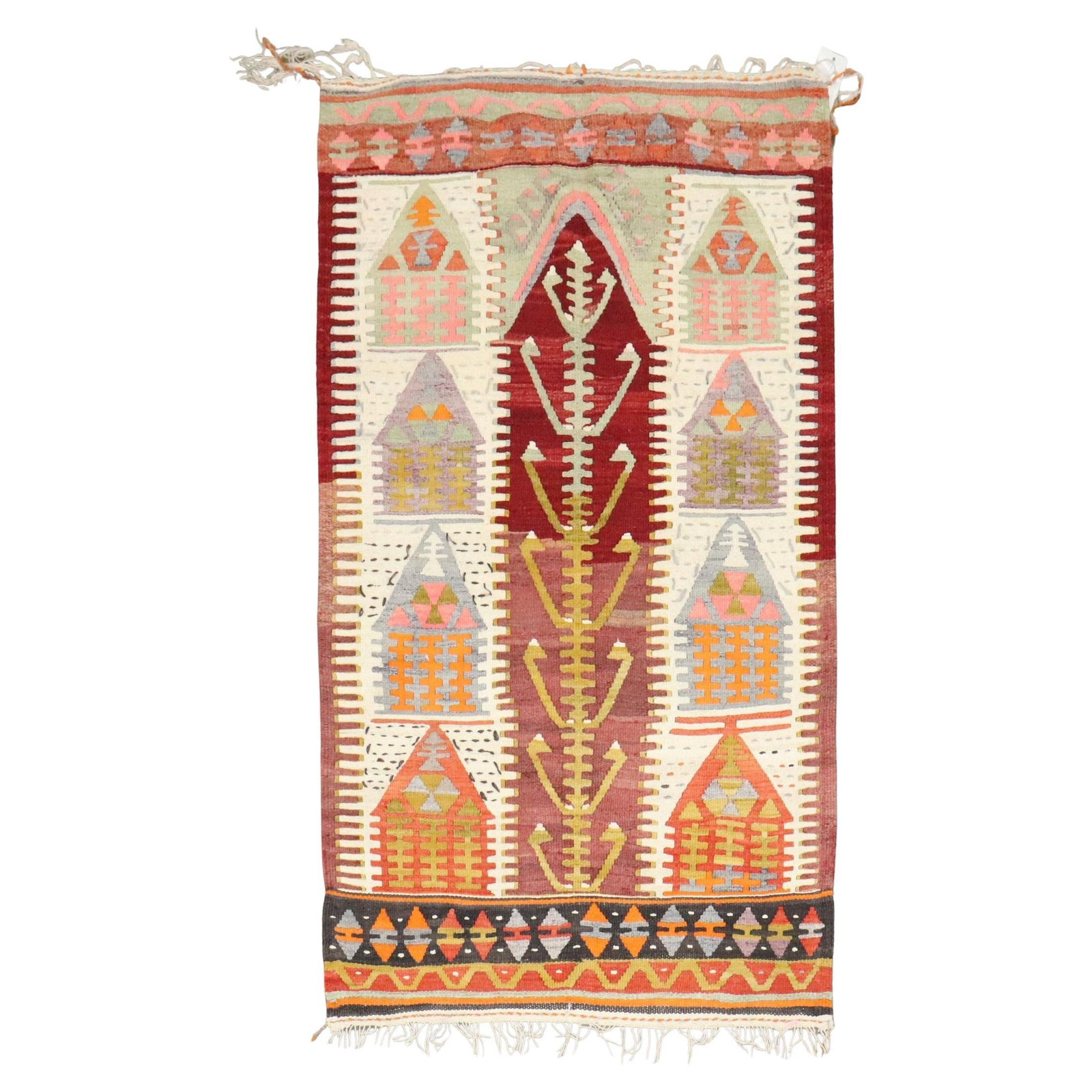 Vintage Turkish Kilim Rug Hand-Knotted Wool 38 x 64 inches: Vintage Turkish Kilim Rug Hand-Knotted Wool 38 x 64 inches This exquisite Vintage Turkish Kilim showcases the rich heritage of Turkish craftsmanship. Hand-knotted from high-quality wool, this flatwove
