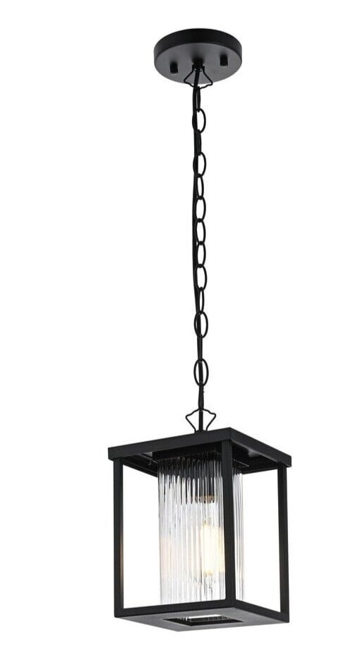 Dover Black Iron Glass Outdoor Ceiling Light 1 Bulb: Dover Black Iron Glass Outdoor Ceiling Light 1 Bulb This outdoor pendant light fixture features a black iron finish with reeded glass, offering a traditional style suitable for patios, porches, entryw