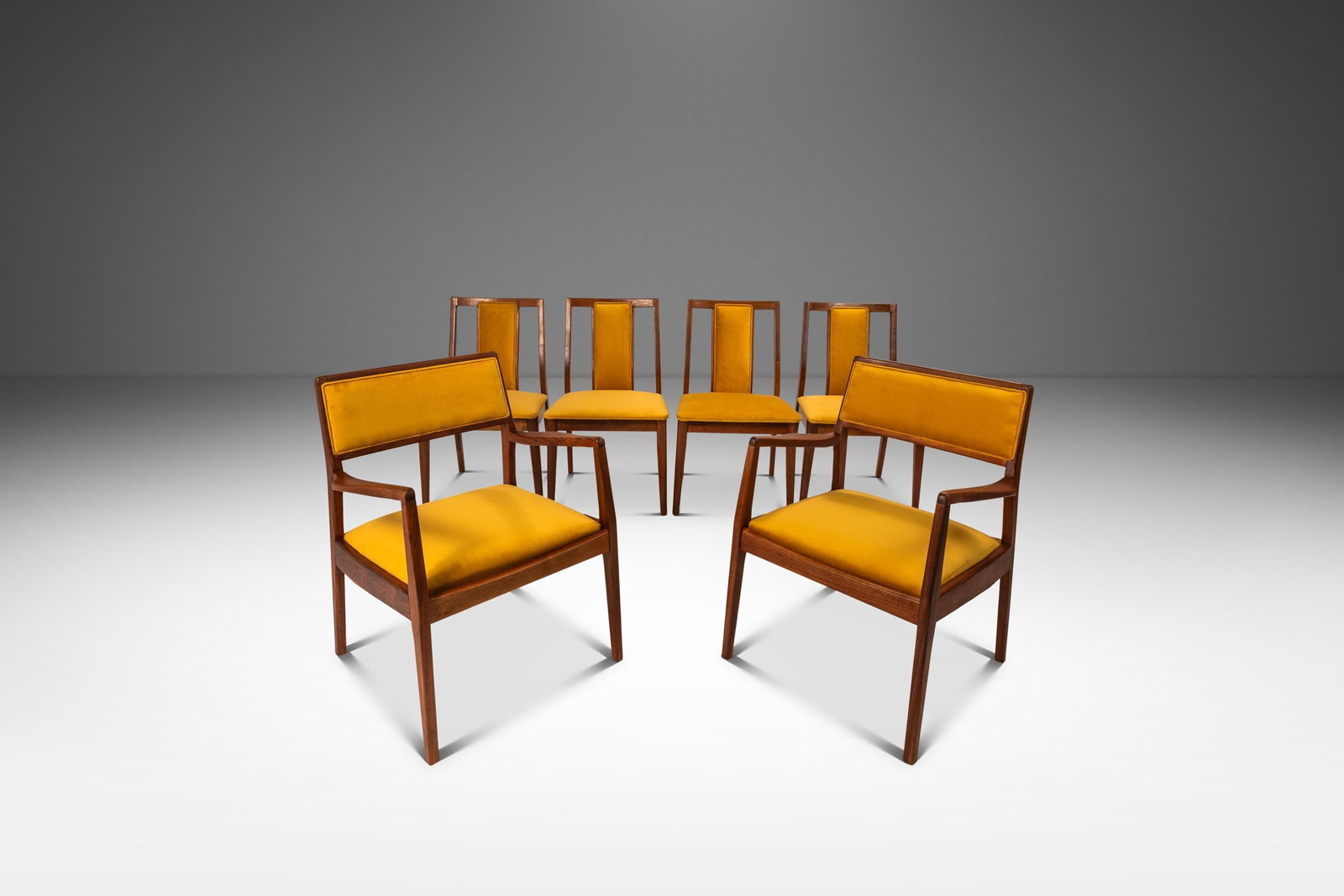 Restored Set of Six Jens Risom Model C140 Playboy Chairs in Canary Yellow Velvet: Restored Set of Six Jens Risom Model C140 Playboy Chairs in Canary Yellow Velvet Introducing a stunning set of six Mid-Century Modern Model C140 "Playboy" chairs, designed by the renowned Jens Risom, 
