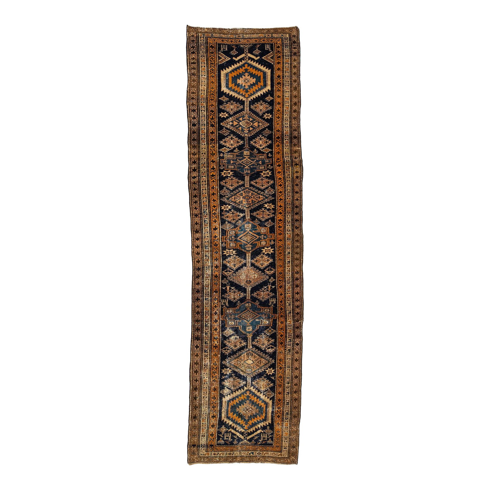 1920s Antique Heriz Wool Runner Tribal Design 3'5 x 13'4: 1920s Antique Heriz Wool Runner Tribal Design 3'5 x 13'4 Discover this exquisite 1920s antique Heriz wool runner, hand-knotted with meticulous craftsmanship. Featuring a striking dark blue color field