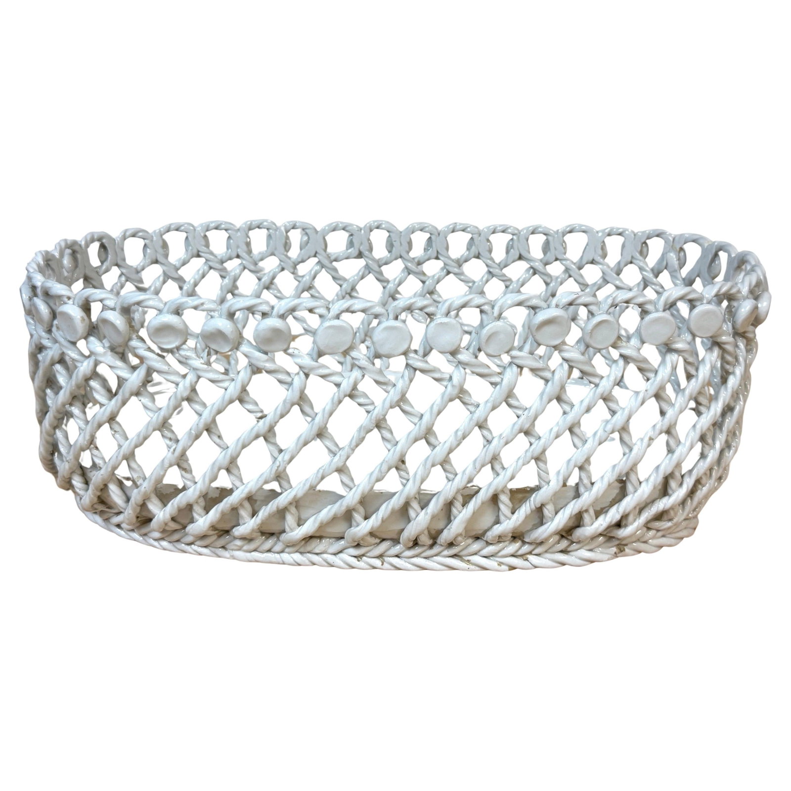 Midcentury White Italian Creamware Rope Twist Oval Basket Centerpiece: Midcentury White Italian Creamware Rope Twist Oval Basket Centerpiece This mid-20th century Italian creamware centerpiece basket features a finely hand-crafted oval form with a white glazed finish. Th