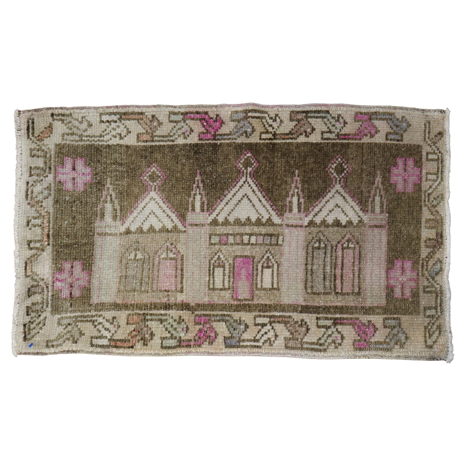 Vintage Hand-Woven Turkish Mosque Pictorial Rug 19 x 32: Vintage Hand-Woven Turkish Mosque Pictorial Rug 19 x 32 This exquisite mid-20th century Turkish rug features a captivating pictorial design of a mosque, showcasing the artistry of traditional hand-wov