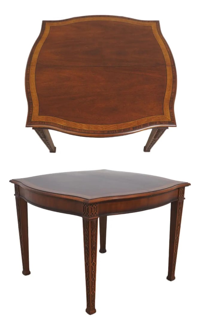 Mahogany Breakfast Table in Chippendale Style with Leaves: Mahogany Breakfast Table in Chippendale Style with Leaves This Henredon Chippendale style dining table features classic 18th-century inspired design with traditional cross banded borders. Crafted from