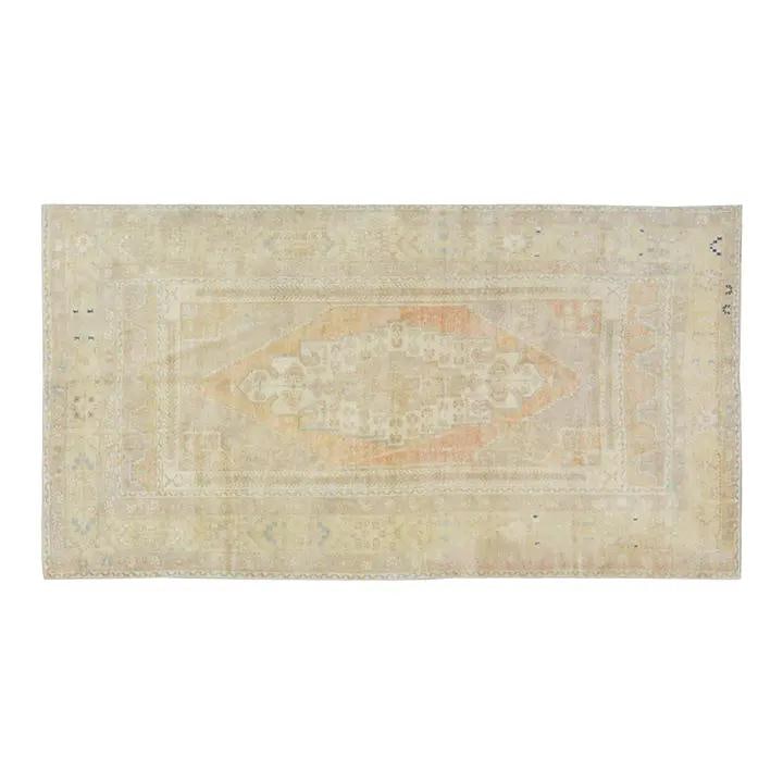 Handmade Wool Oushak Rug in Tan 4'5" x 8'3" Turkish Vintage: Handmade Wool Oushak Rug in Tan 4'5" x 8'3" Turkish Vintage This vintage Turkish Oushak rug is hand-knotted from wool using traditional rug-making techniques. The design blends classic artistry with a