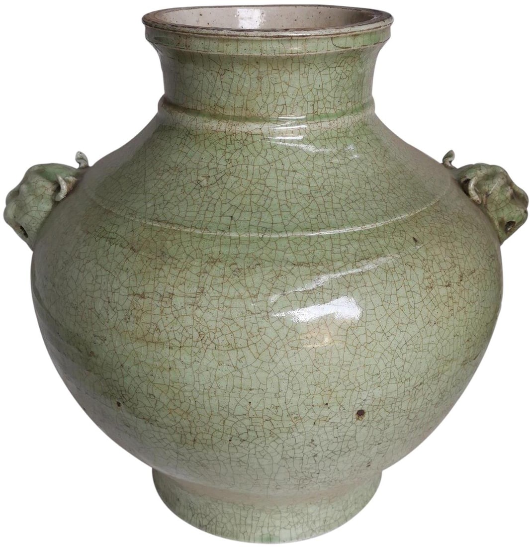 Handmade Celadon Ceramic Jar with Double Lion Head Handles (1 of 1)