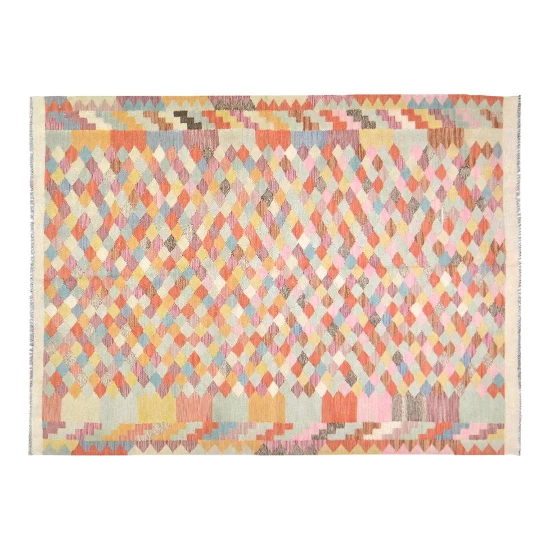 Hand-Knotted Wool Area Rug in Maimana Style 5'7'' x 7'5'': Hand-Knotted Wool Area Rug in Maimana Style 5'7'' x 7'5'' This Indian Maimana wool rug is hand-knotted using traditional rug-making techniques, combining timeless artistry with a modern design sensibi