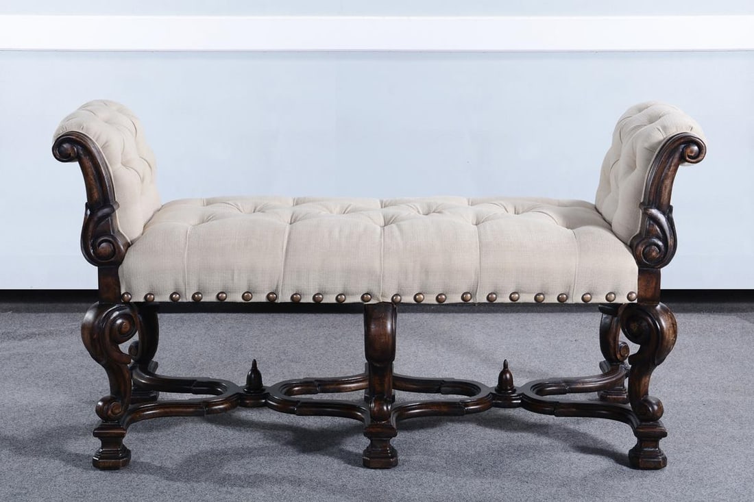 Antique Style Catalan Bench Seat with Scroll Legs: Antique Style Catalan Bench Seat with Scroll Legs This Vintage Style Inspired Catalan Bench Seat combines classic charm with modern functionality. Crafted with solid wood and upholstered in an antique