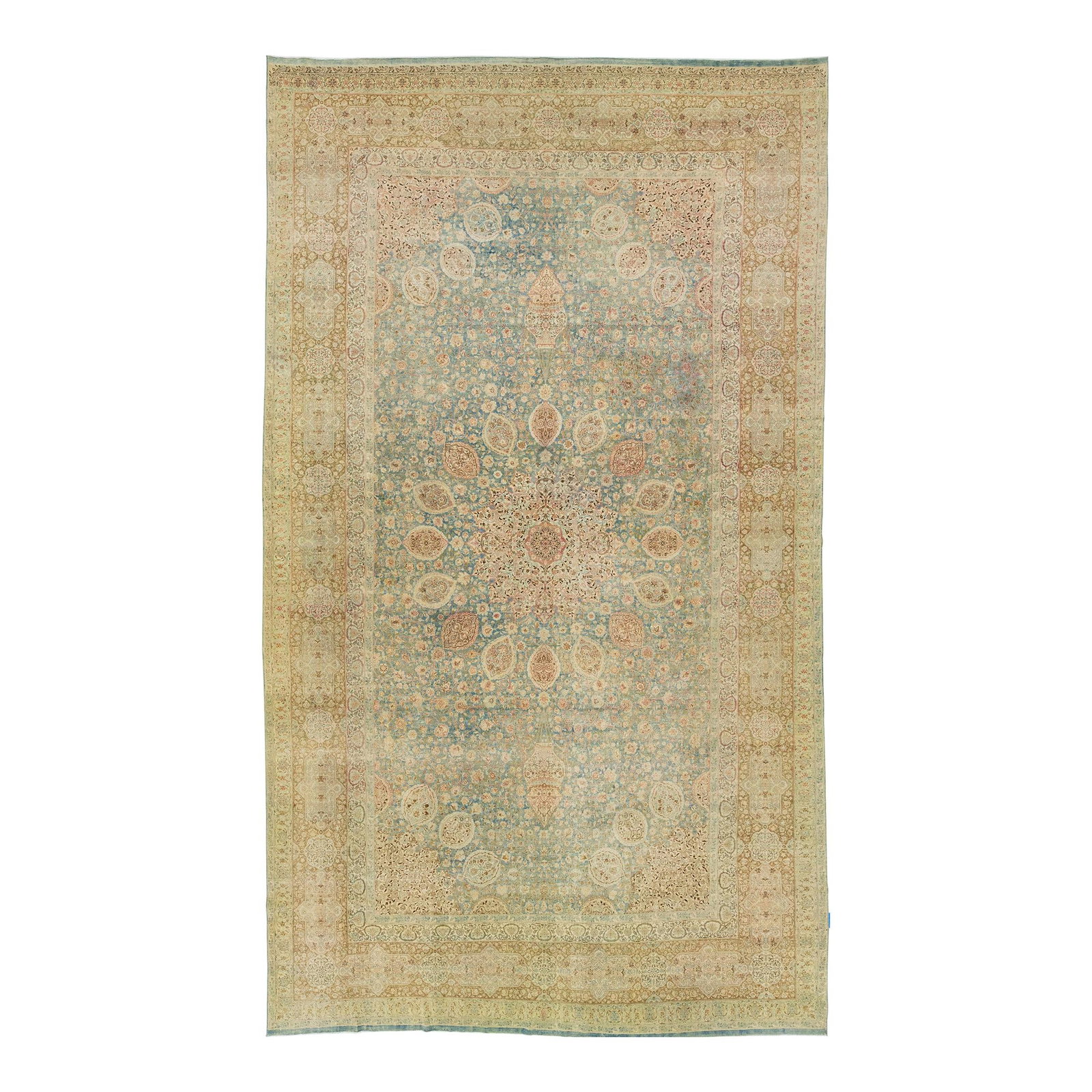 Antique Kerman Handmade Wool Rug Blue Floral 11'3 x 19'8: Antique Kerman Handmade Wool Rug Blue Floral 11'3 x 19'8 This exquisite hand-knotted wool rug from Kerman showcases a beautiful antique finish. The warm blue color field features a stunning all-over f