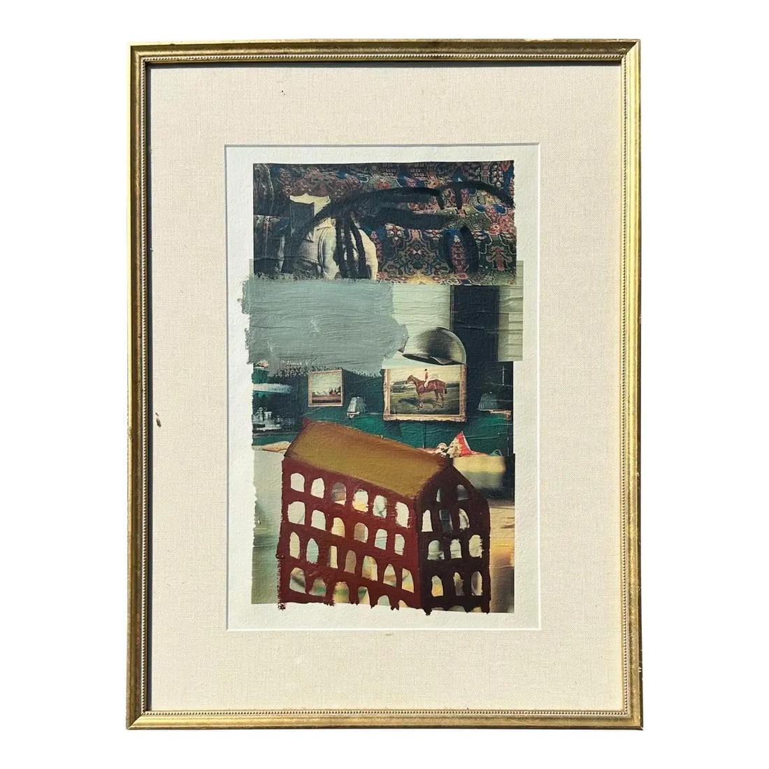 Framed Vintage Oil Painting on Paper Featuring Abstract Collage Elements: Framed Vintage Oil Painting on Paper Featuring Abstract Collage Elements This vintage abstract collage style oil painting on paper features a harmonious blend of textures and imagery. The composition 