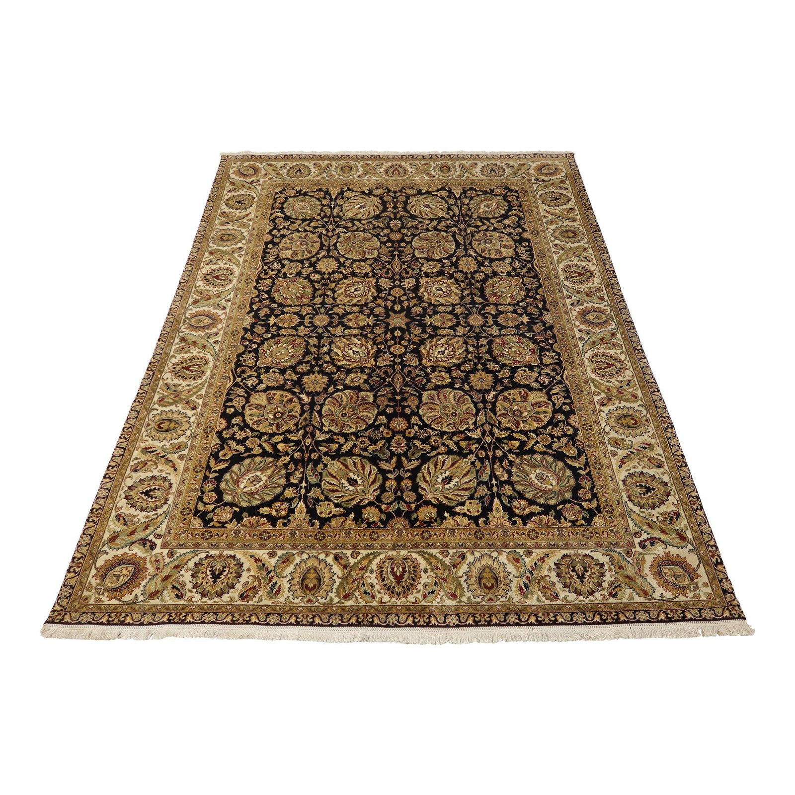 1980s 100% Wool Black Field Oriental Rug 9x12 Room Size: 1980s 100% Wool Black Field Oriental Rug 9x12 Room Size Discover an exquisite 1980s high-quality Oriental rug featuring a striking black field. Measuring approximately 9' x 12', this rug showcases a c