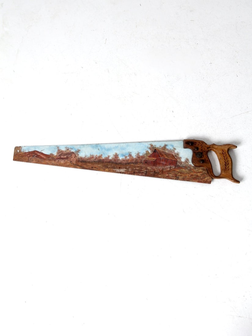 Folk Art Landscape Painting on Antique Hand Saw by Steve Carpenter 1991 (1 of 8)