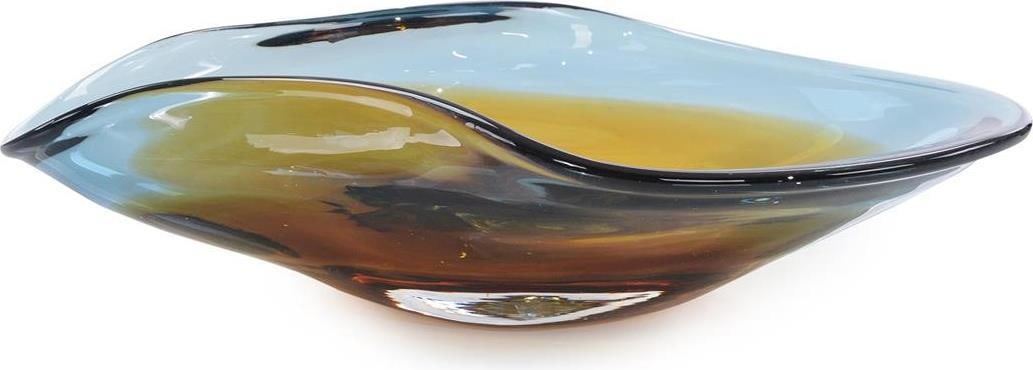 John-Richard Hand-Blown Amber Blue Art Nouveau Bowl 4.5H 9.5W 16.25D: John-Richard Hand-Blown Amber Blue Art Nouveau Bowl 4.5H 9.5W 16.25D This stunning handcrafted glass bowl features a captivating design in amber and dark blue hues, showcasing an elegant curved shape 
