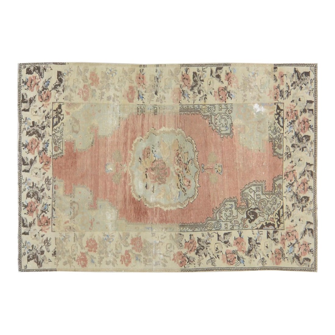 Anatolian Oushak Wool Area Rug Hand Knotted 4'10 x 7' Vintage 1960s: Anatolian Oushak Wool Area Rug Hand Knotted 4'10 x 7' Vintage 1960s This vintage Turkish Anatolian Oushak rug from the 1960s is hand knotted and features natural tan colors with a soft texture and fin