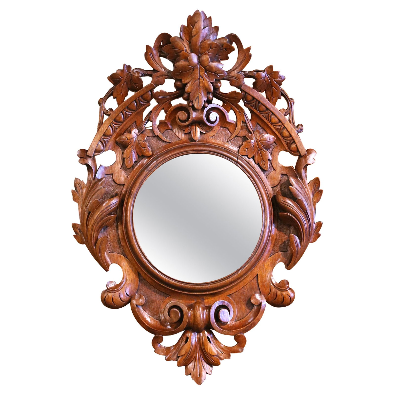 19th Century French Black Forest Carved Walnut Mirror Wall Sculpture: 19th Century French Black Forest Carved Walnut Mirror Wall Sculpture Enhance your space with this stunning 19th Century French Black Forest Carved Walnut Wall Sculpture featuring a mirror. Crafted in 