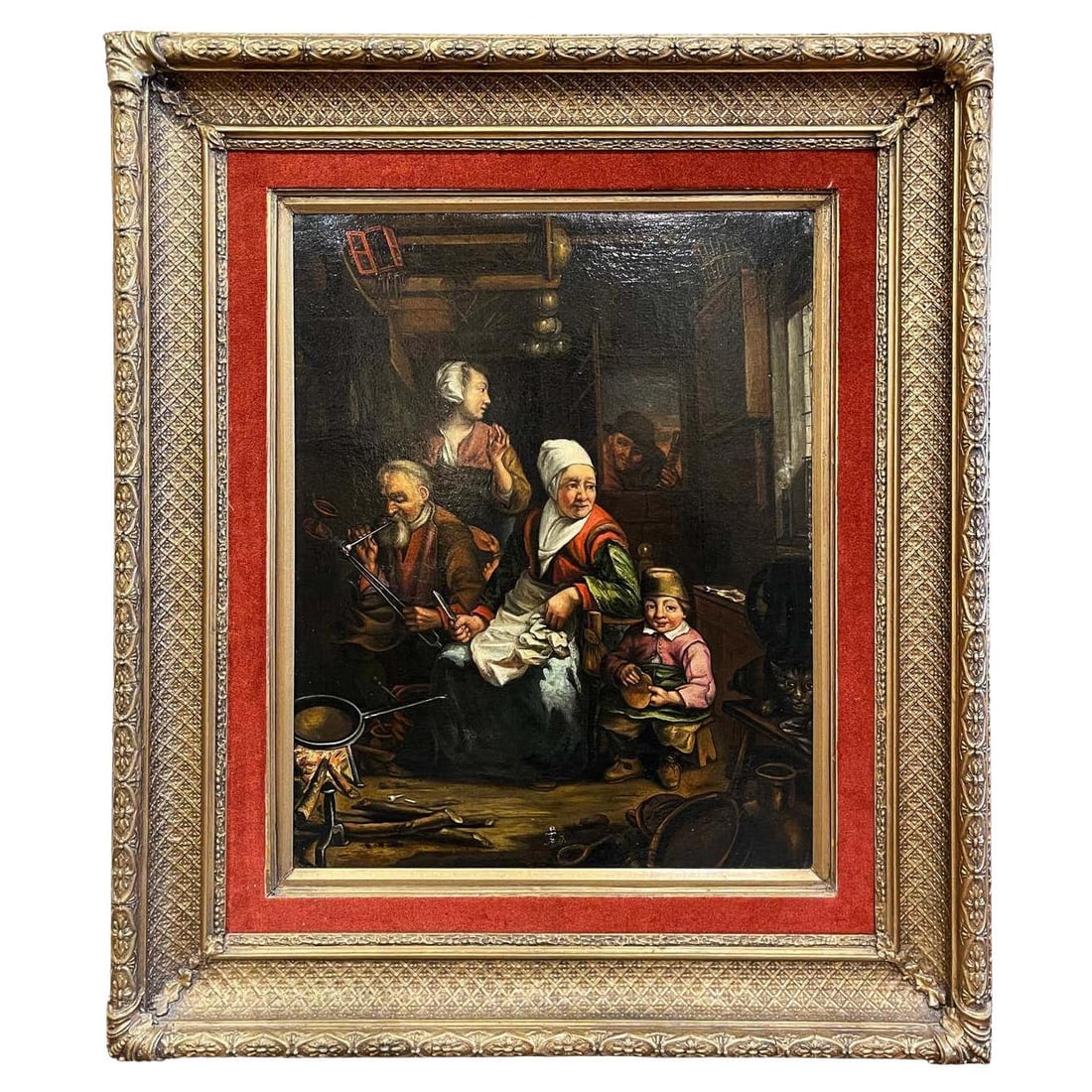 Oil Painting on Canvas After David Teniers Dutch Genre Scene Circa 1860: Oil Painting on Canvas After David Teniers Dutch Genre Scene Circa 1860 This mid-19th century Dutch oil on canvas painting, created circa 1860 in the style of David Teniers, depicts a lively domestic 