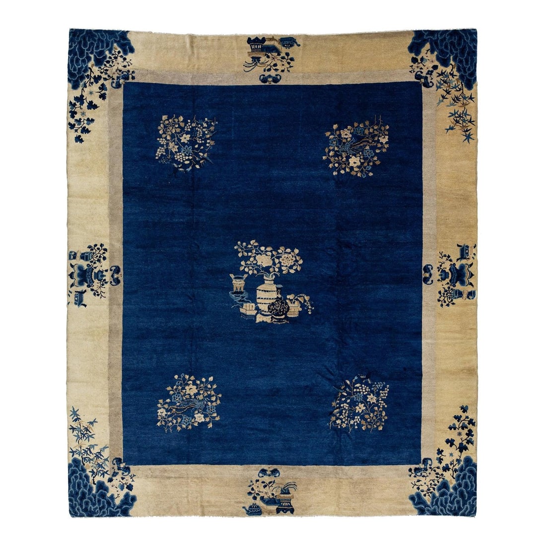 Antique Chinese Wool Rug 12'4 x 14'5 Blue Floral Design: Antique Chinese Wool Rug 12'4 x 14'5 Blue Floral Design Discover the charm of this exquisite antique Chinese Art Deco rug, meticulously hand-knotted from high-quality wool. The rug features a striking