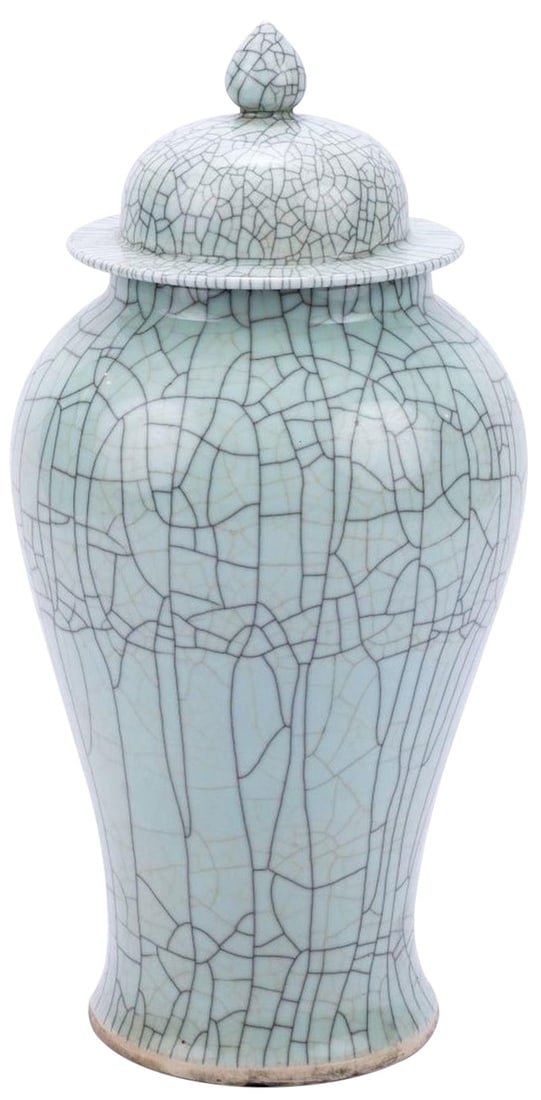 Handmade Chinese Celadon Crackle Temple Jar 20H x 11W x 11D: Handmade Chinese Celadon Crackle Temple Jar 20H x 11W x 11D This exquisite Traditional Celadon Crackle Lid Jar is a stunning example of Chinese craftsmanship. Handmade with a beautiful crackled celado