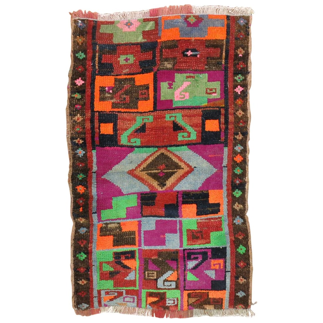 Mid Century Wool Anatolian Mat Rug Handwoven in Turkey: Mid Century Wool Anatolian Mat Rug Handwoven in Turkey This unique Turkish Anatolian mat from the mid-20th century features a hand-woven wool construction and showcases a vibrant, eclectic design in a